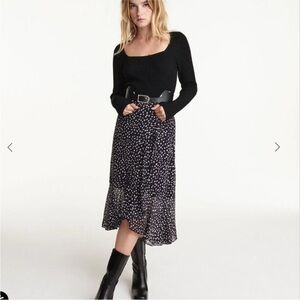 The Kooples Paris Long Flowing Navy Blue Skirt with Polka Dots